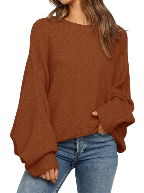 Women's 1 Piece Round Neck Long Sleeve Sweater, Chic Basic Batwing Sleeve Long-sleved Solid Pullover, Casual Solid Top for Spring & Fall Outings, Womenswear