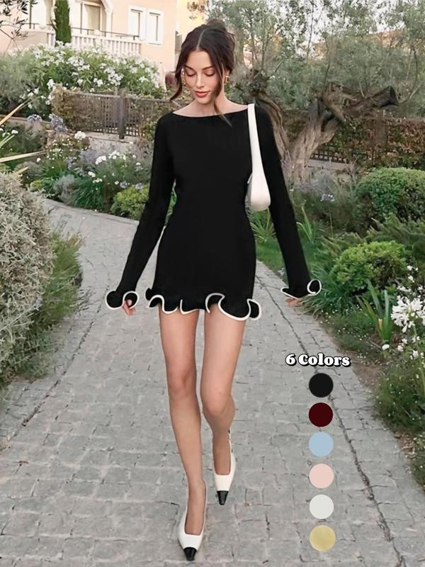 Women's Elegant Colorblock Wave Hem A-Line Long Sleeve Knit Dress, Fall & Winter Plain Pattern Tight-Fitting Casual Womenswear Summer