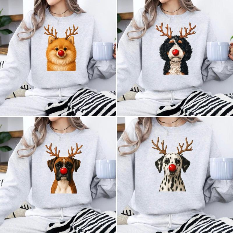 Christmas Reindeer Dog Sweatshirt With Classic Red Nose For Women
