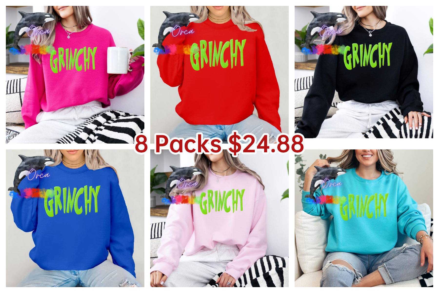 Orca ~ GRINCHY Unisex Sweatshirts with Lime Green Glitter Puff