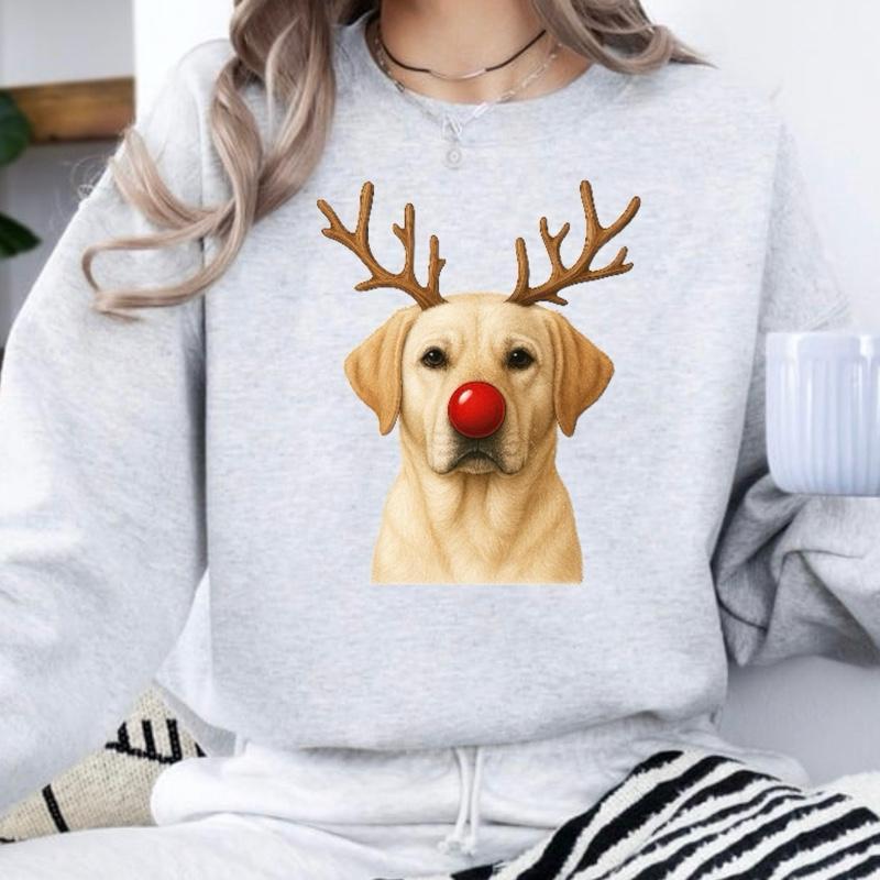 Christmas Reindeer Dog Sweatshirt With Classic Red Nose For Women