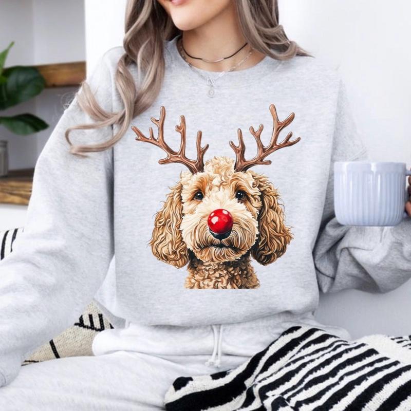 Christmas Reindeer Dog Sweatshirt With Classic Red Nose For Women