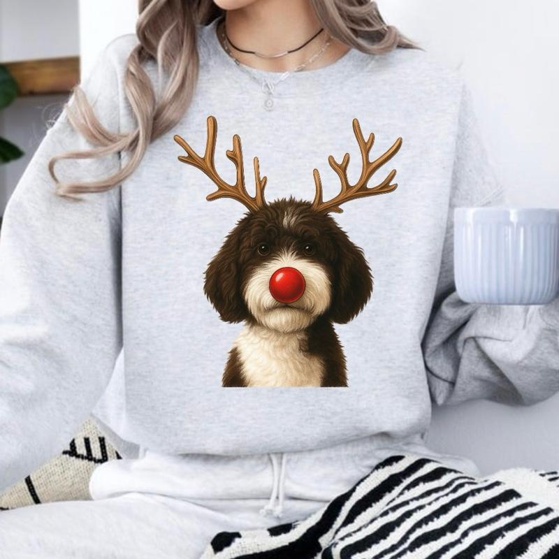 Christmas Reindeer Dog Sweatshirt With Classic Red Nose For Women