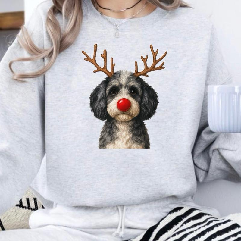 Christmas Reindeer Dog Sweatshirt With Classic Red Nose For Women