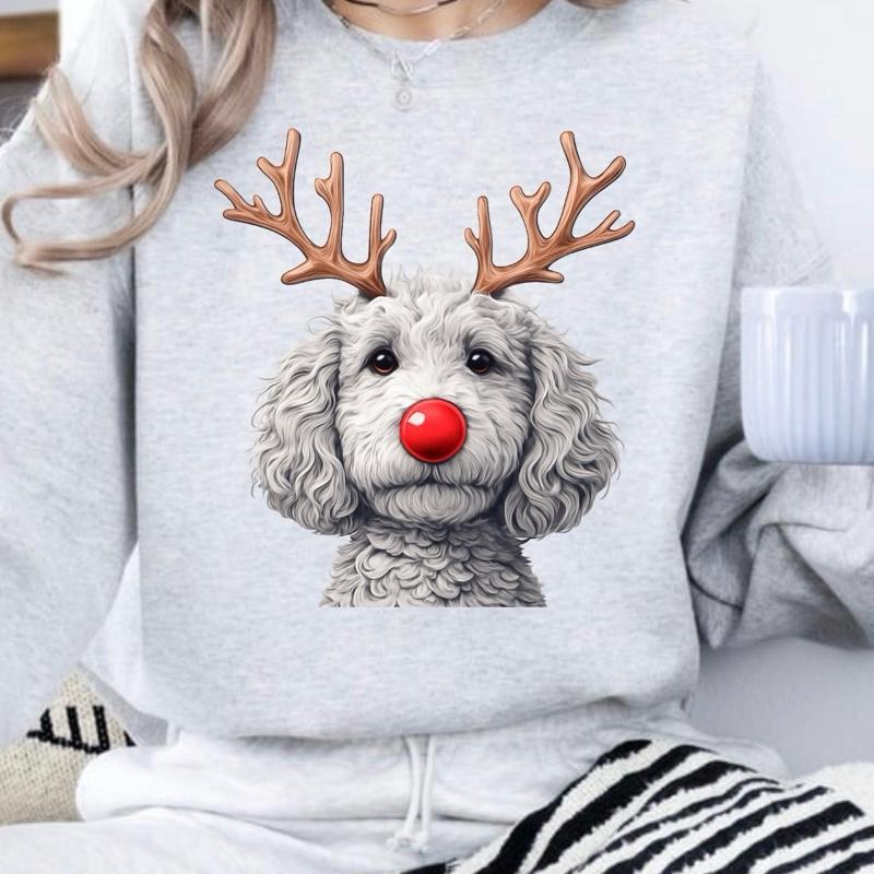 Christmas Reindeer Dog Sweatshirt With Classic Red Nose For Women