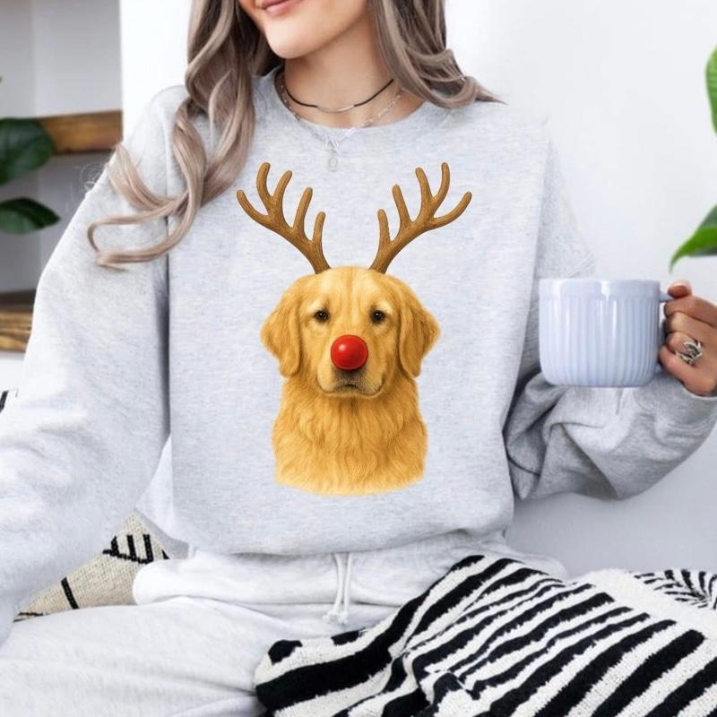Christmas Reindeer Dog Sweatshirt With Classic Red Nose For Women