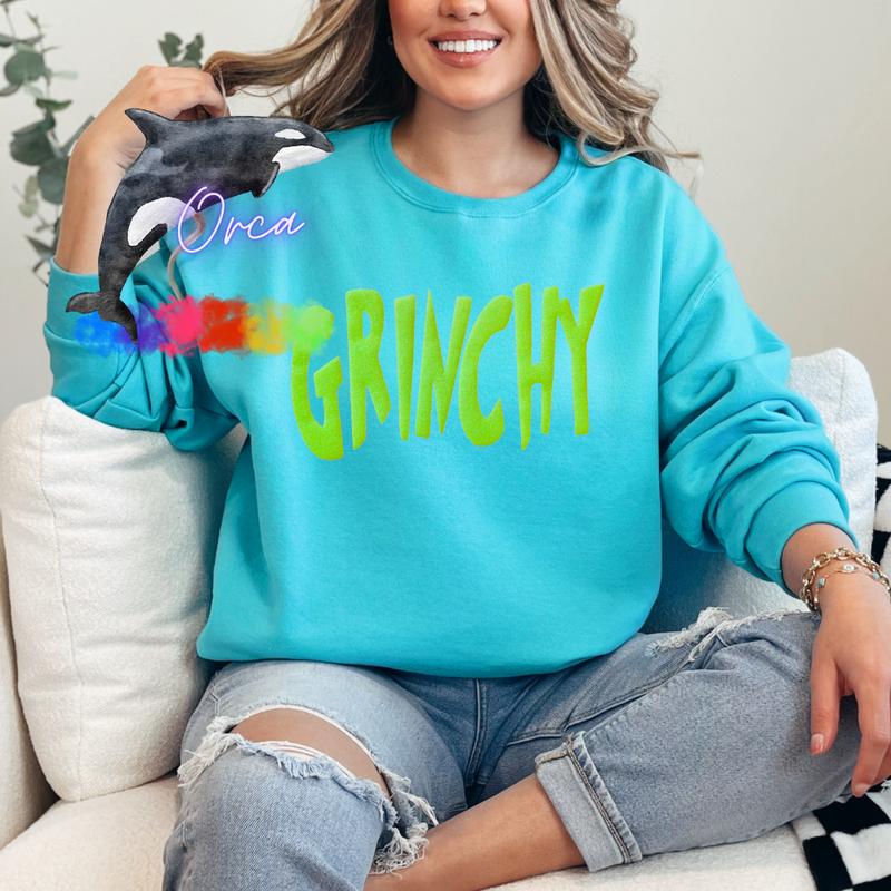 Orca ~ GRINCHY Unisex Sweatshirts with Lime Green Glitter Puff