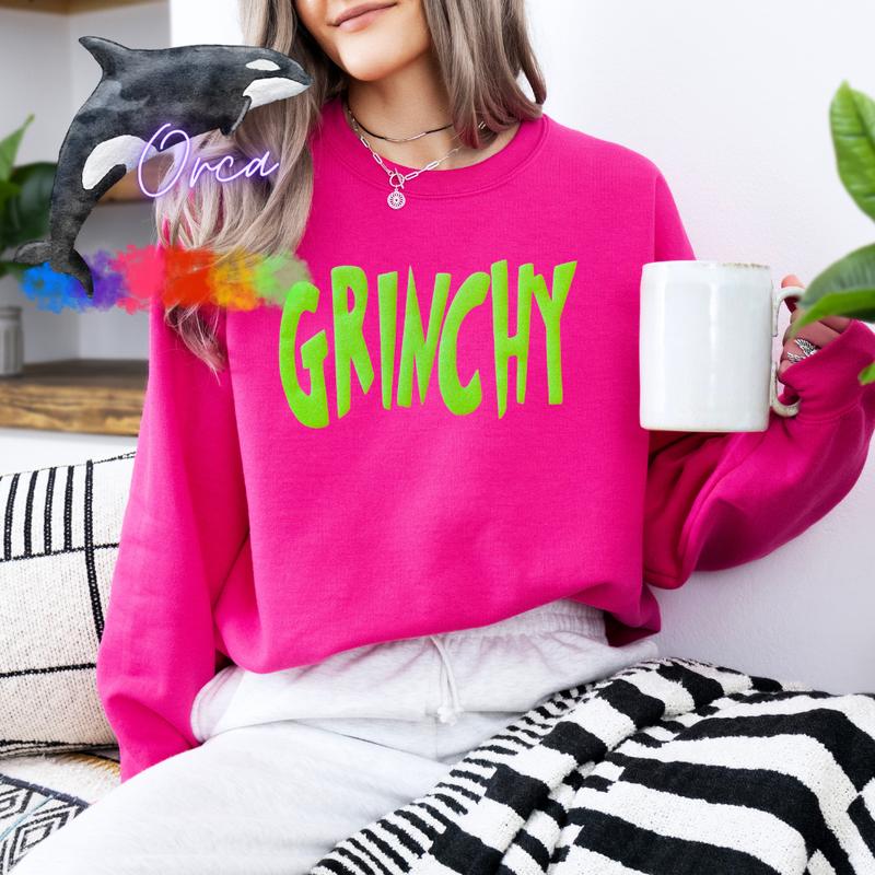 Orca ~ GRINCHY Unisex Sweatshirts with Lime Green Glitter Puff