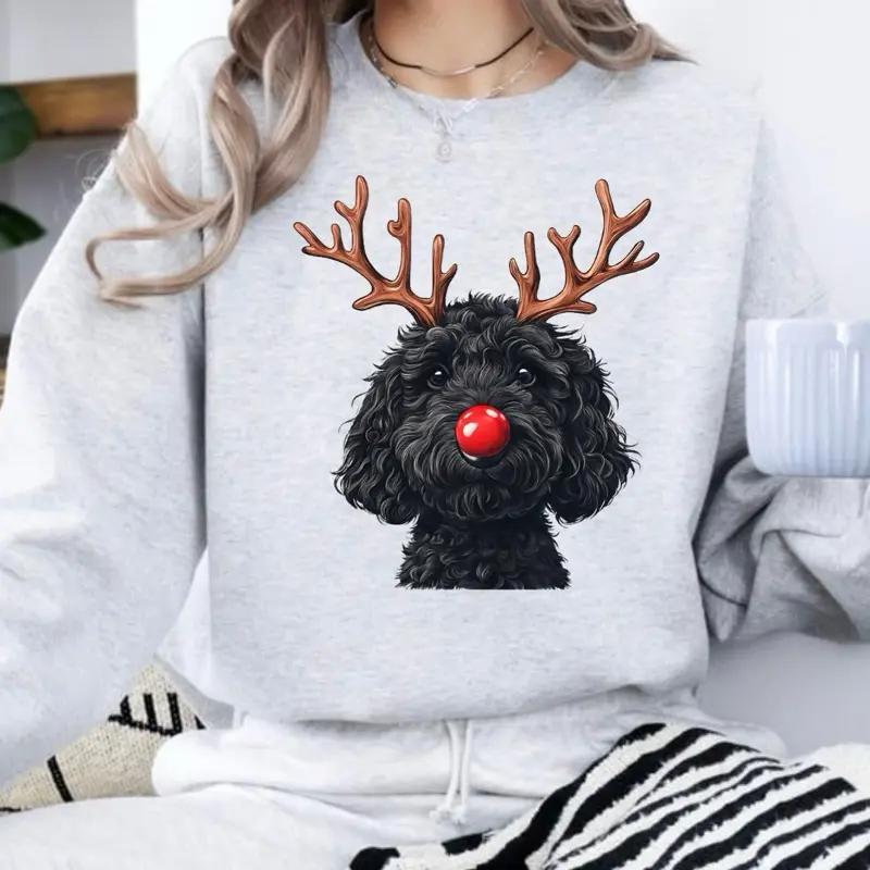 Christmas Reindeer Dog Sweatshirt With Classic Red Nose For Women