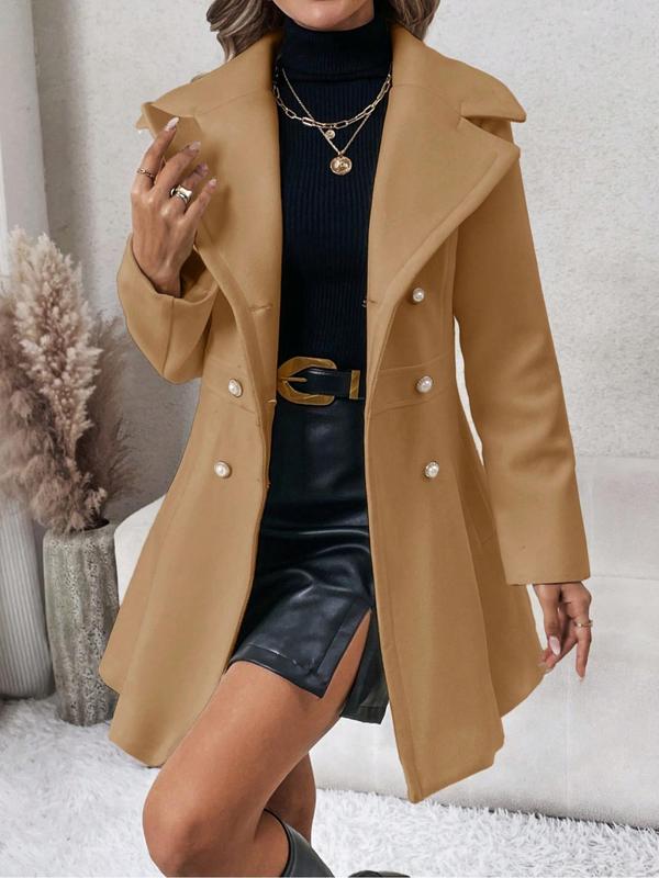 Women's Solid Double Button Pocket Overcoat, Casual Long Sleeve Lapel Neck Outerwear for Fall & Winter, Women's Clothes for Daily Wear, Clothing for Women, Cute Tops
