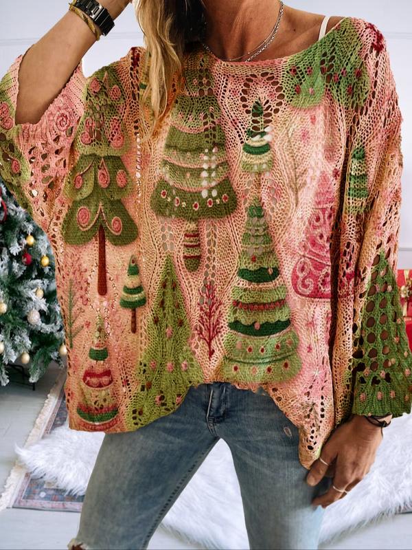 🔥Last day promotion⚡Women's Christmas Knit Hollow Out Sweater, Fall Winter Round Neck Batwing Sleeve Tree Print Long Sleeve Top, Holiday Party Casual Wear