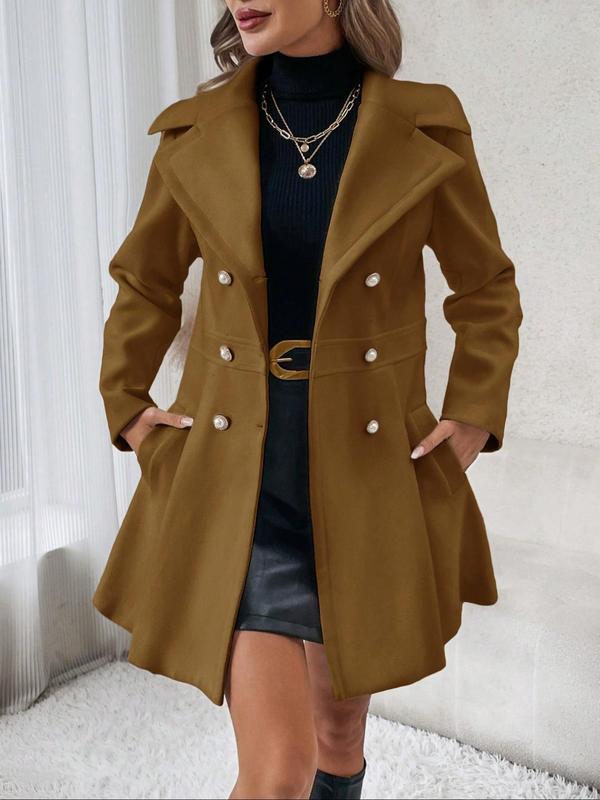 Women's Solid Double Button Pocket Overcoat, Casual Long Sleeve Lapel Neck Outerwear for Fall & Winter, Women's Clothes for Daily Wear, Clothing for Women, Cute Tops