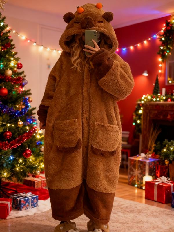 Ladies' Kapibalajia velvet thick pajamas and nightgowns, new hooded coral velvet cartoon cute style home clothes for autumn and winter