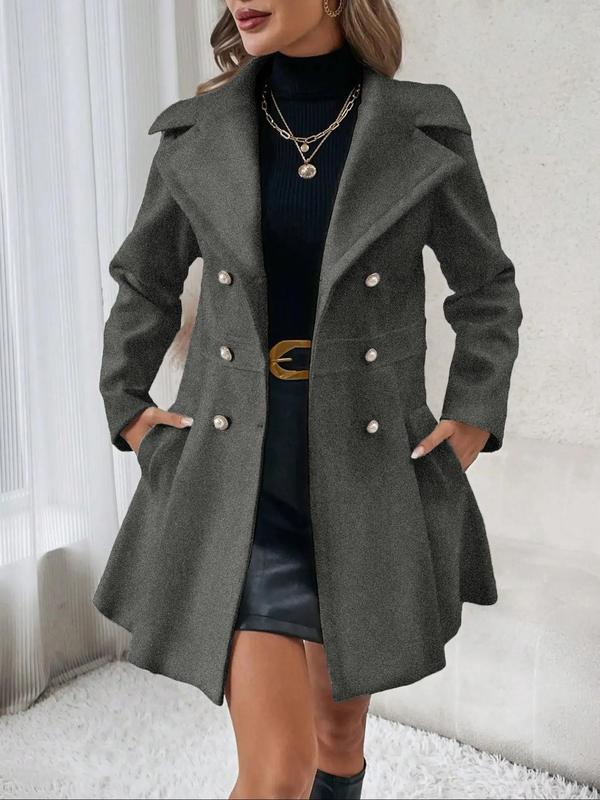 Women's Solid Double Button Pocket Overcoat, Casual Long Sleeve Lapel Neck Outerwear for Fall & Winter, Women's Clothes for Daily Wear, Clothing for Women, Cute Tops