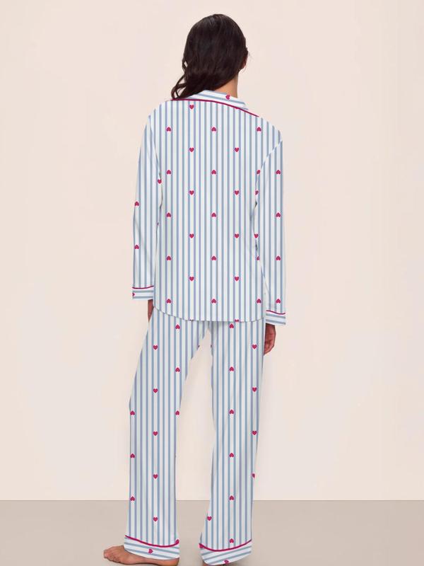 Women's Christmas Pajama Set, Striped Bow Knot Design, Long Sleeve & Pants, Fall Winter Comfortable Sleepwear, Elegant Style, Loungewear