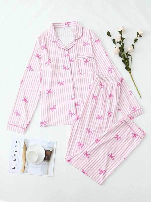 Women's Christmas Pajama Set, Striped Bow Knot Design, Long Sleeve & Pants, Fall Winter Comfortable Sleepwear, Elegant Style, Loungewear