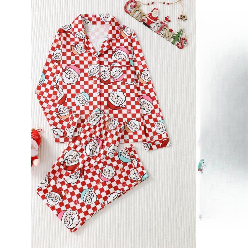 2-Piece Set for Women Christmas Print Button Front Pocket Shirt and Elastic Waist Pants Pajamas, Casual Comfortable Long Sleeve Stand Collar Top and Long Pants Pajamas Set