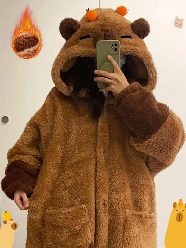 Ladies' Kapibalajia velvet thick pajamas and nightgowns, new hooded coral velvet cartoon cute style home clothes for autumn and winter