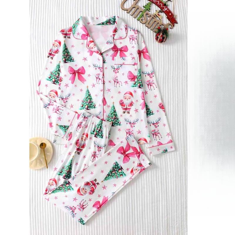 2-Piece Set for Women Christmas Print Button Front Pocket Shirt and Elastic Waist Pants Pajamas, Casual Comfortable Long Sleeve Stand Collar Top and Long Pants Pajamas Set