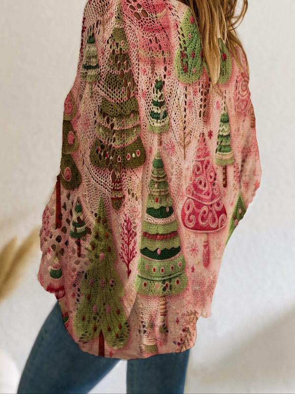 🔥Last day promotion⚡Women's Christmas Knit Hollow Out Sweater, Fall Winter Round Neck Batwing Sleeve Tree Print Long Sleeve Top, Holiday Party Casual Wear