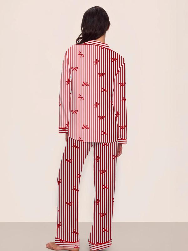 Women's Christmas Pajama Set, Striped Bow Knot Design, Long Sleeve & Pants, Fall Winter Comfortable Sleepwear, Elegant Style, Loungewear