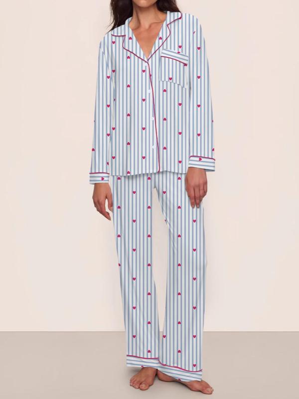 Women's Christmas Pajama Set, Striped Bow Knot Design, Long Sleeve & Pants, Fall Winter Comfortable Sleepwear, Elegant Style, Loungewear