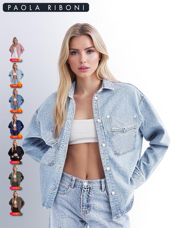 Women's Plain Button Front Drop Shoulder Curved Hem Denim Jacket, Casual Long Sleeve Pocket Design Collar Outerwear for Daily Wear, Ladies Clothes for All Seasons