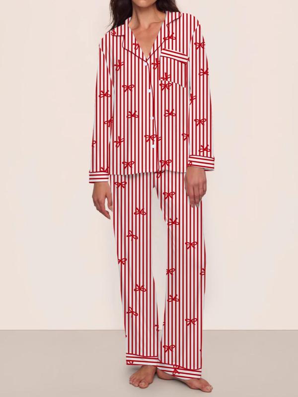 Women's Christmas Pajama Set, Striped Bow Knot Design, Long Sleeve & Pants, Fall Winter Comfortable Sleepwear, Elegant Style, Loungewear