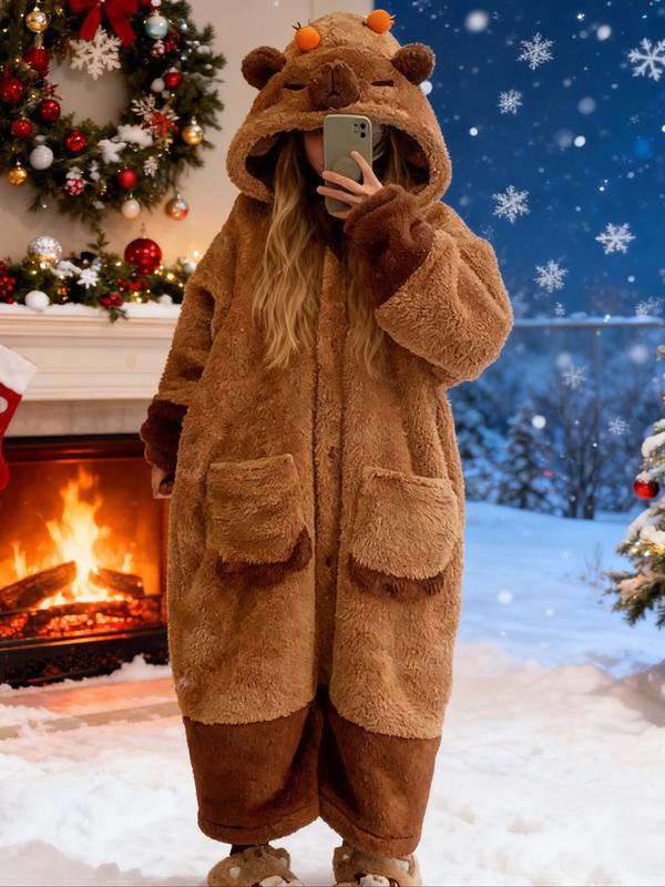 Ladies' Kapibalajia velvet thick pajamas and nightgowns, new hooded coral velvet cartoon cute style home clothes for autumn and winter