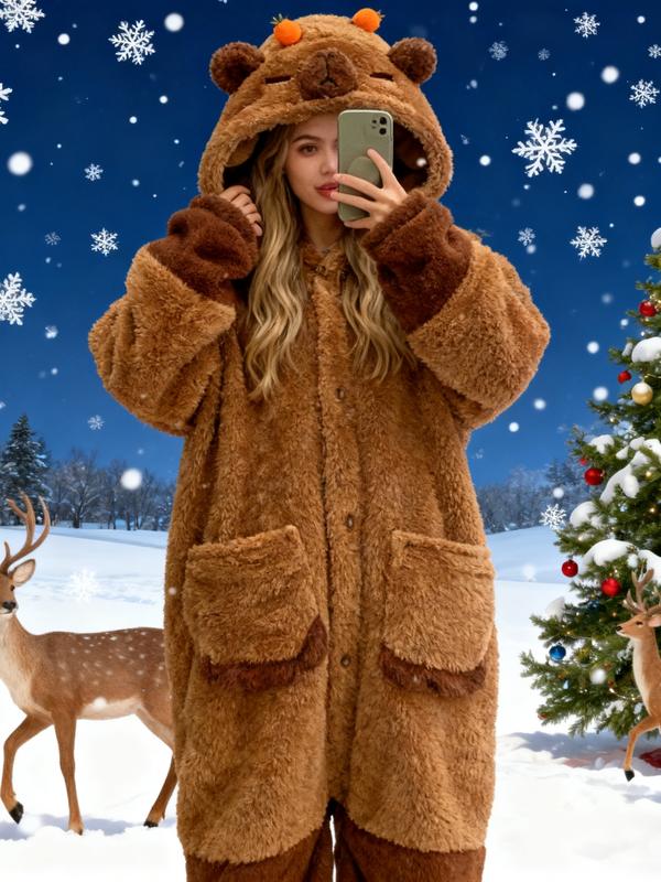 Ladies' Kapibalajia velvet thick pajamas and nightgowns, new hooded coral velvet cartoon cute style home clothes for autumn and winter