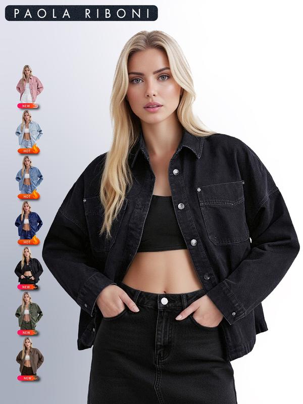 Women's Plain Button Front Drop Shoulder Curved Hem Denim Jacket, Casual Long Sleeve Pocket Design Collar Outerwear for Daily Wear, Ladies Clothes for All Seasons