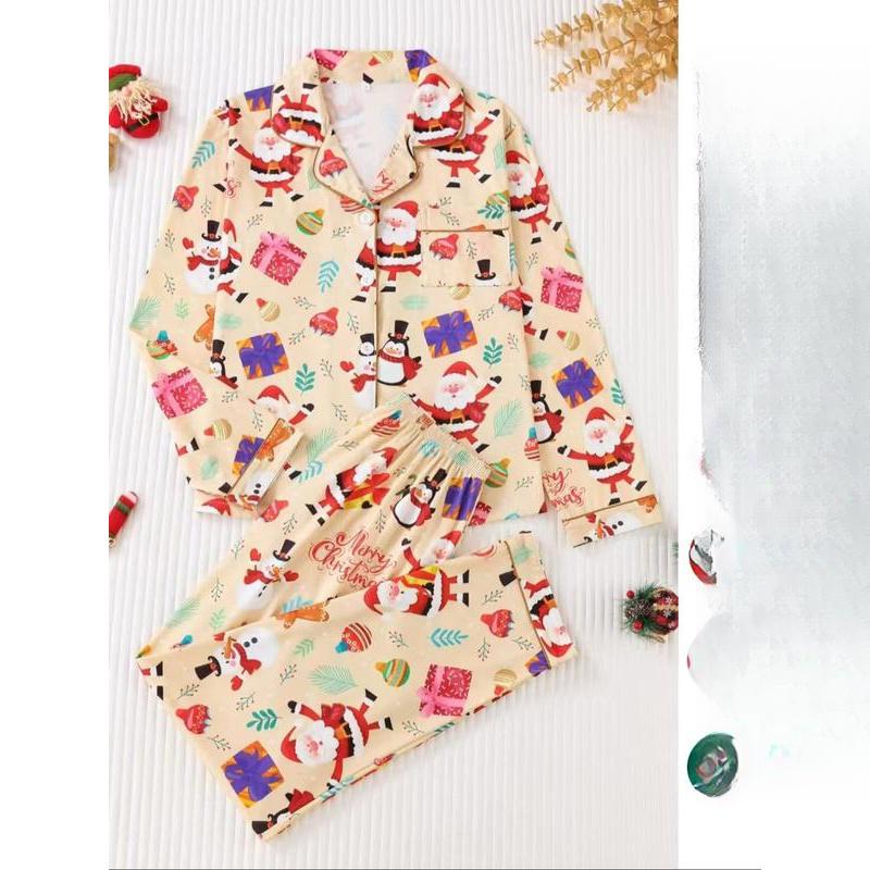 2-Piece Set for Women Christmas Print Button Front Pocket Shirt and Elastic Waist Pants Pajamas, Casual Comfortable Long Sleeve Stand Collar Top and Long Pants Pajamas Set