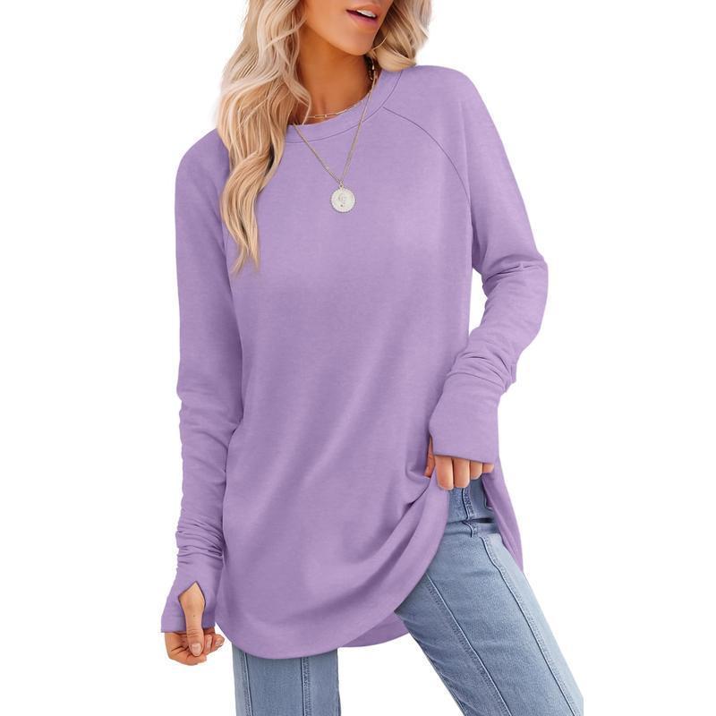 Women's Long Sleeve Tunic Tops For Leggings Crew Neck Curved Hem With Thumb Holes Casual Comfortable Daily Wear Shirts