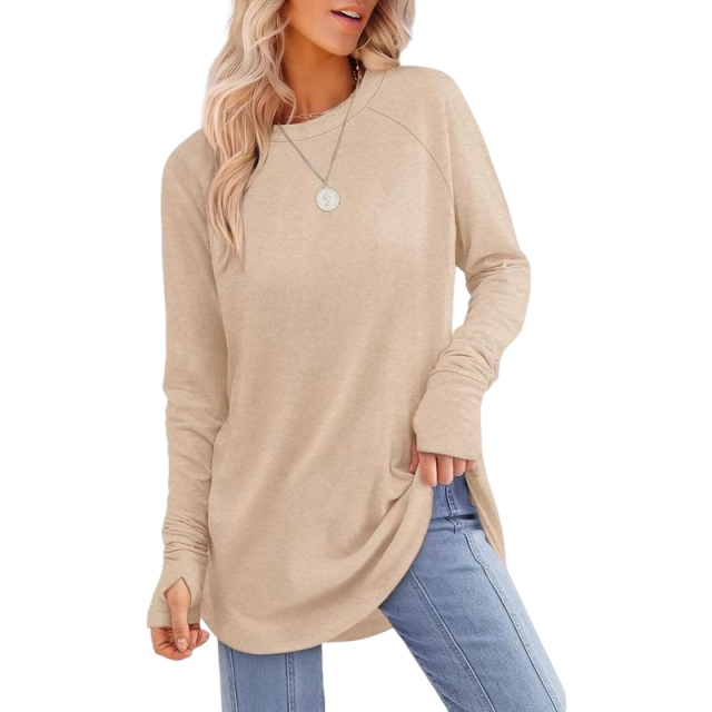 Women's Long Sleeve Tunic Tops For Leggings Crew Neck Curved Hem With Thumb Holes Casual Comfortable Daily Wear Shirts