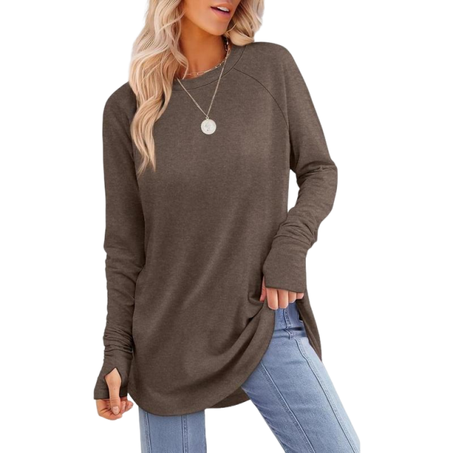 Women's Long Sleeve Tunic Tops For Leggings Crew Neck Curved Hem With Thumb Holes Casual Comfortable Daily Wear Shirts