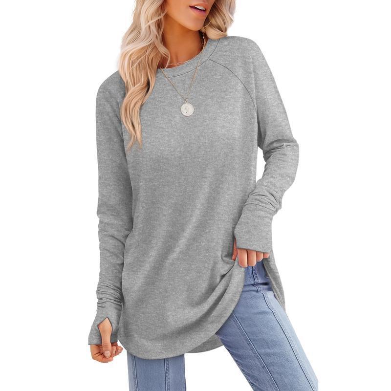 Women's Long Sleeve Tunic Tops For Leggings Crew Neck Curved Hem With Thumb Holes Casual Comfortable Daily Wear Shirts