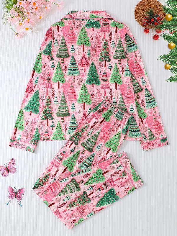 🎄Women's Christmas Tree Print Pajama Set, Button Front Long Sleeve Top & Comfortable Pants, Casual Fitted Sleepwear for All Seasons