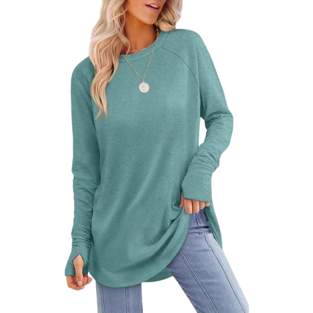 Women's Long Sleeve Tunic Tops For Leggings Crew Neck Curved Hem With Thumb Holes Casual Comfortable Daily Wear Shirts