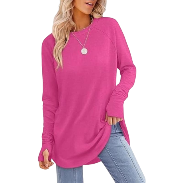 Women's Long Sleeve Tunic Tops For Leggings Crew Neck Curved Hem With Thumb Holes Casual Comfortable Daily Wear Shirts