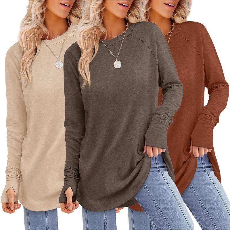 Women's Long Sleeve Tunic Tops For Leggings Crew Neck Curved Hem With Thumb Holes Casual Comfortable Daily Wear Shirts