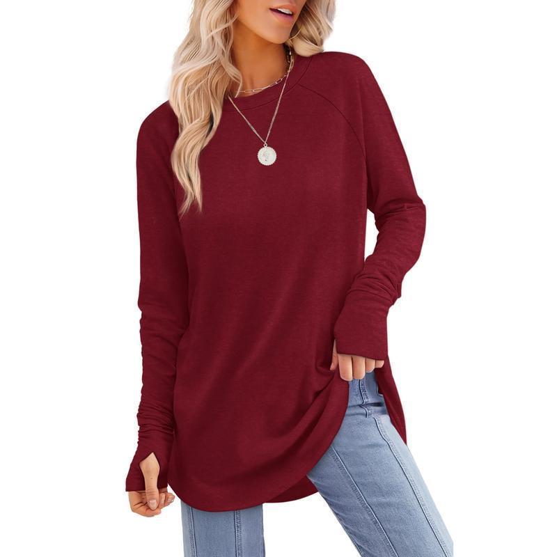 Women's Long Sleeve Tunic Tops For Leggings Crew Neck Curved Hem With Thumb Holes Casual Comfortable Daily Wear Shirts