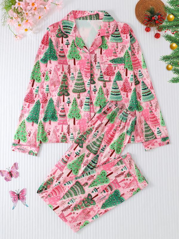 🎄Women's Christmas Tree Print Pajama Set, Button Front Long Sleeve Top & Comfortable Pants, Casual Fitted Sleepwear for All Seasons