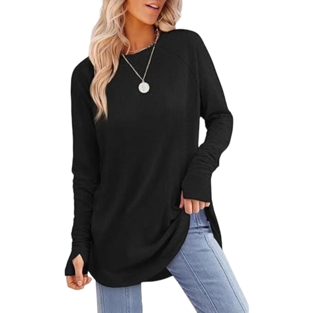 Women's Long Sleeve Tunic Tops For Leggings Crew Neck Curved Hem With Thumb Holes Casual Comfortable Daily Wear Shirts