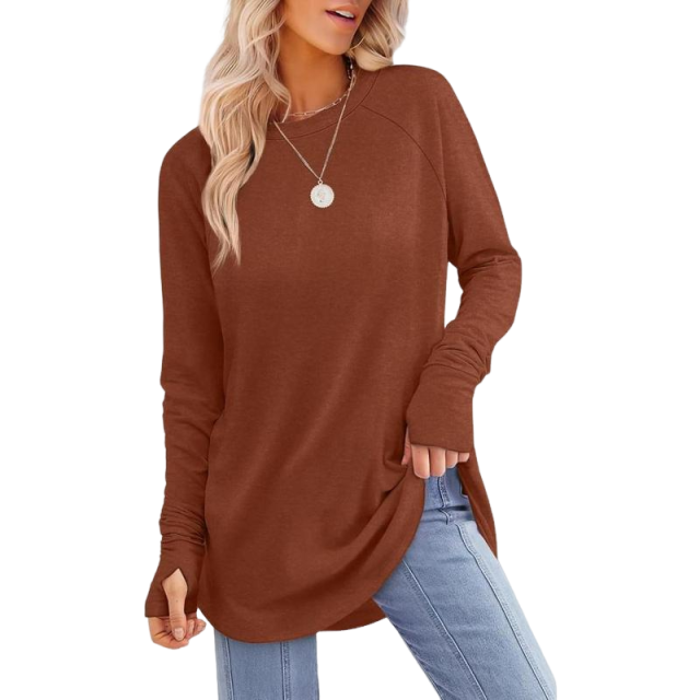 Women's Long Sleeve Tunic Tops For Leggings Crew Neck Curved Hem With Thumb Holes Casual Comfortable Daily Wear Shirts