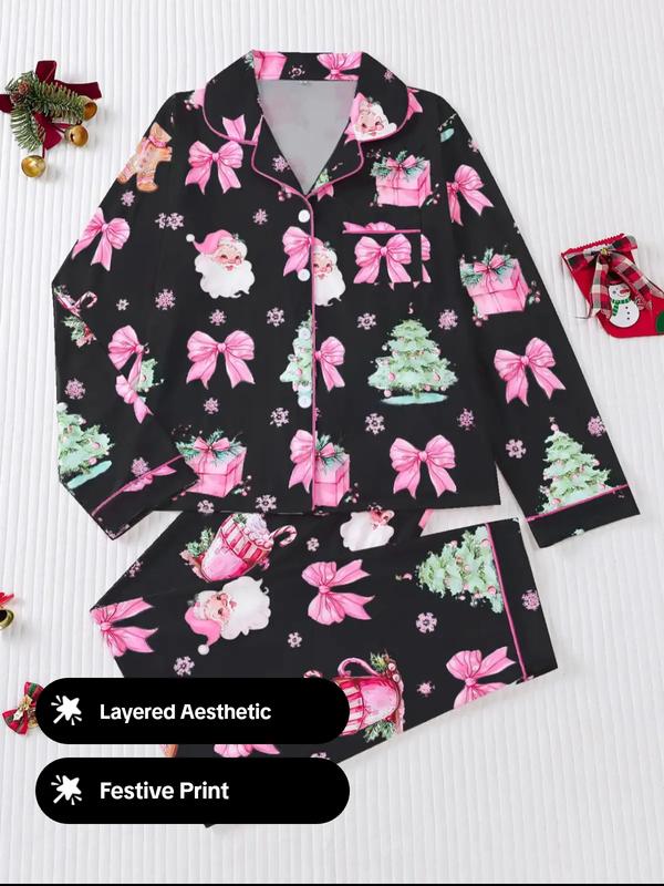 🎄【Christmas】🎄Women's Christmas Pajama Set, Soft Long Sleeve Shirt & Elastic Pants, Holiday Party Sleepwear, Casual Fall Winter Home Wear