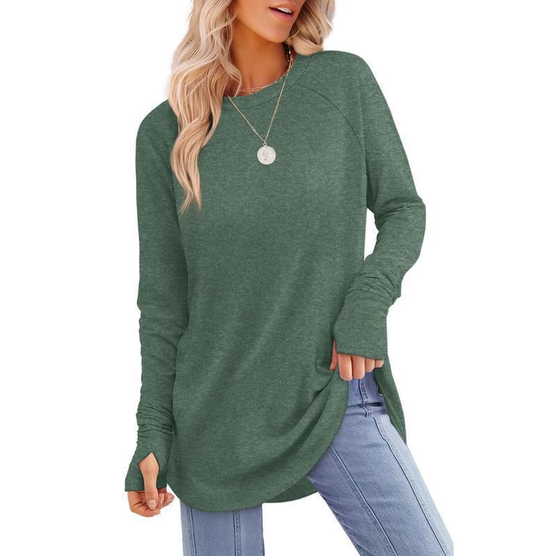 Women's Long Sleeve Tunic Tops For Leggings Crew Neck Curved Hem With Thumb Holes Casual Comfortable Daily Wear Shirts