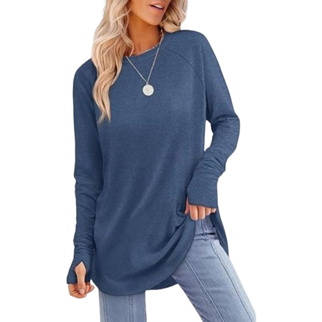 Women's Long Sleeve Tunic Tops For Leggings Crew Neck Curved Hem With Thumb Holes Casual Comfortable Daily Wear Shirts