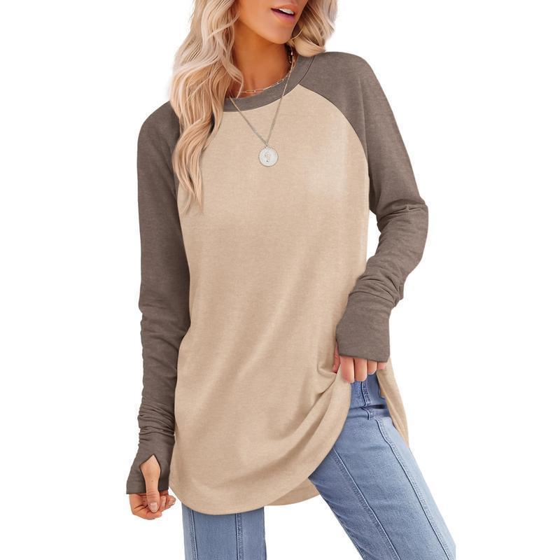 Women's Long Sleeve Tunic Tops For Leggings Crew Neck Curved Hem With Thumb Holes Casual Comfortable Daily Wear Shirts