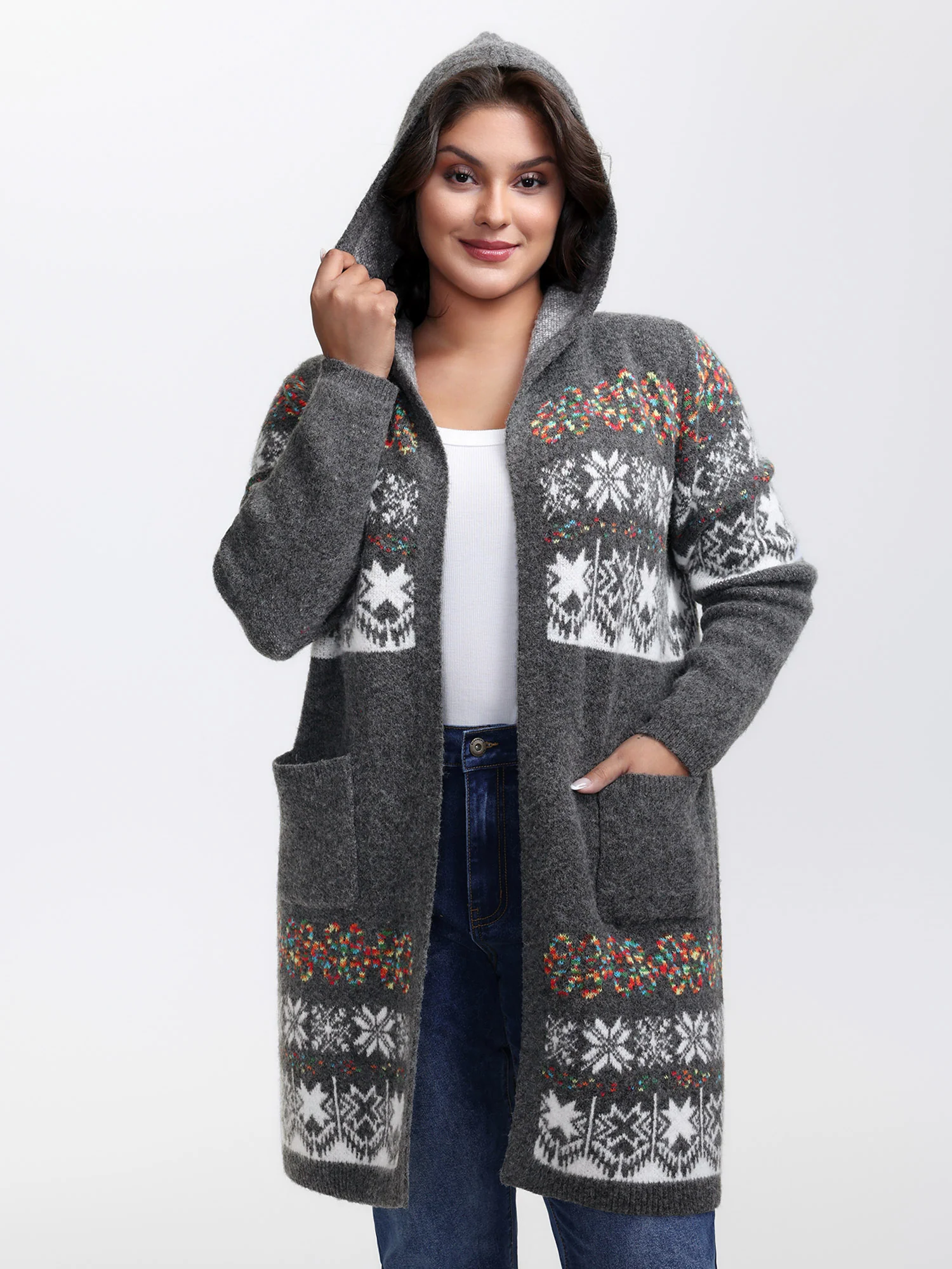 🧥Boho Print Jacquard Hooded Cardigan | Artistic Knit Cover-Up, Loose Fit