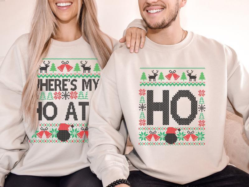 Funny Couples Christmas Sweatshirt, Where’s My Ho At & Ho Ugly Sweaters, Matching Husband Wife Xmas Shirt, Cute Holiday Party Outfit, Funny Christmas Gift - AH